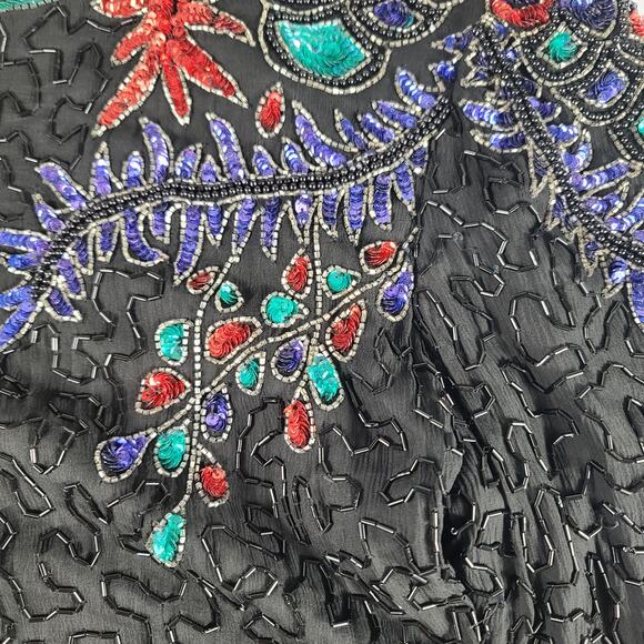 Carina Black Green Red Blue Sequins Beads Baubles Vintage Dress Medium - Picture 5 of 6